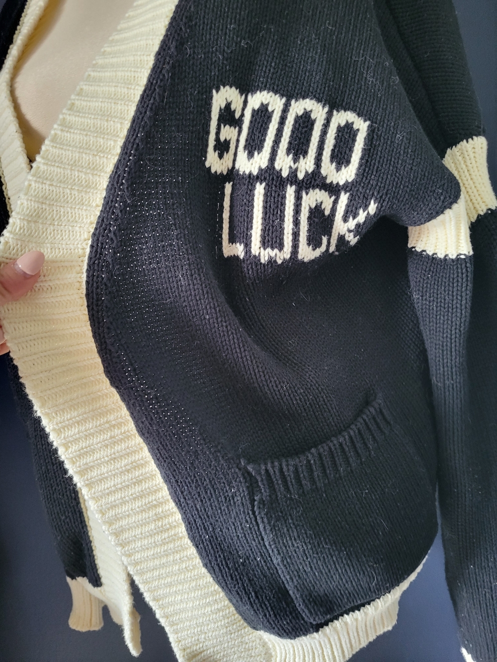 Rare Mr. Satueday Cotton Black and Cream Knit Cardigan  Good Luck M - Picture 2 of 6